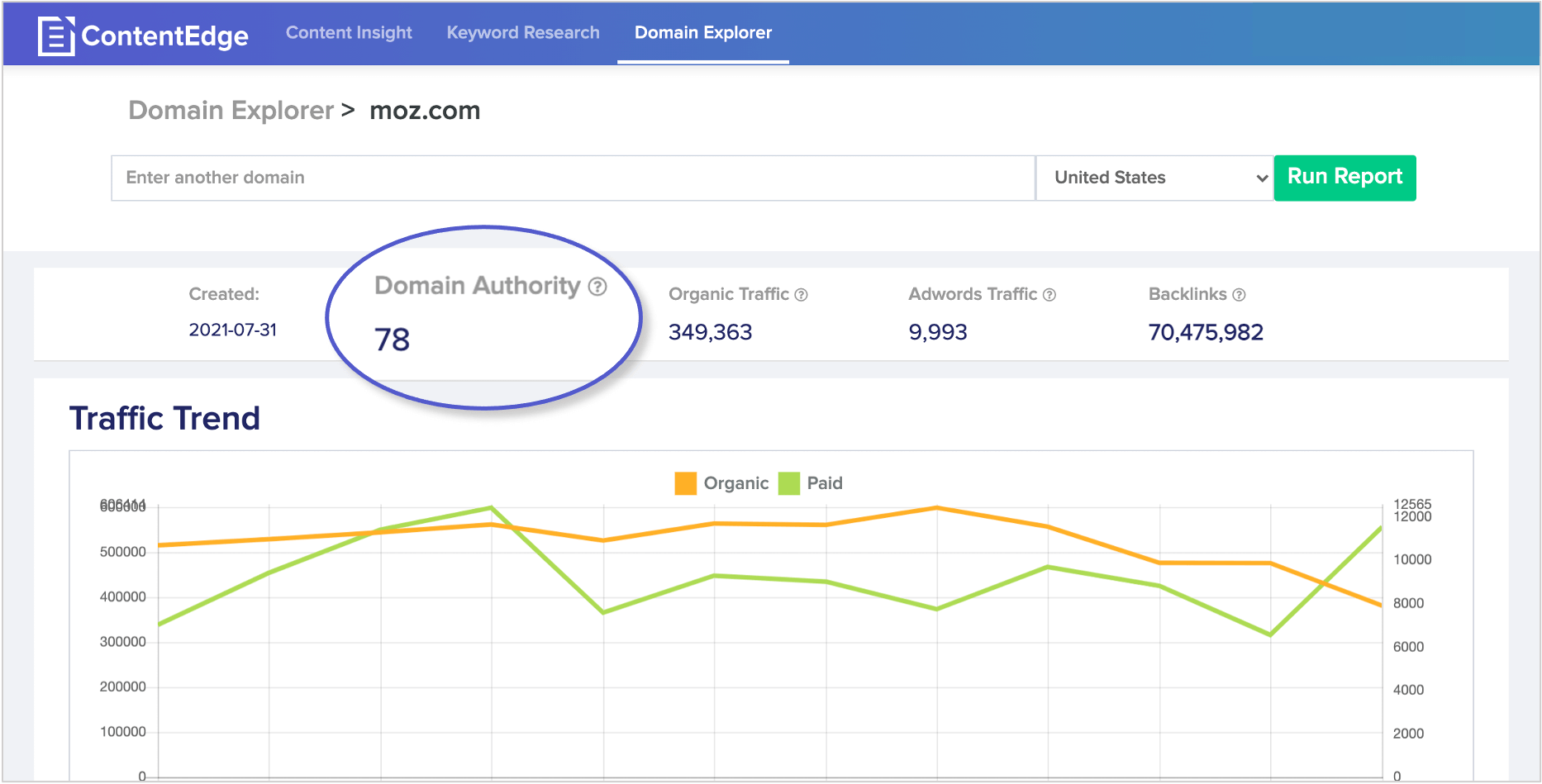 screenshot of domain authority score on contentedge