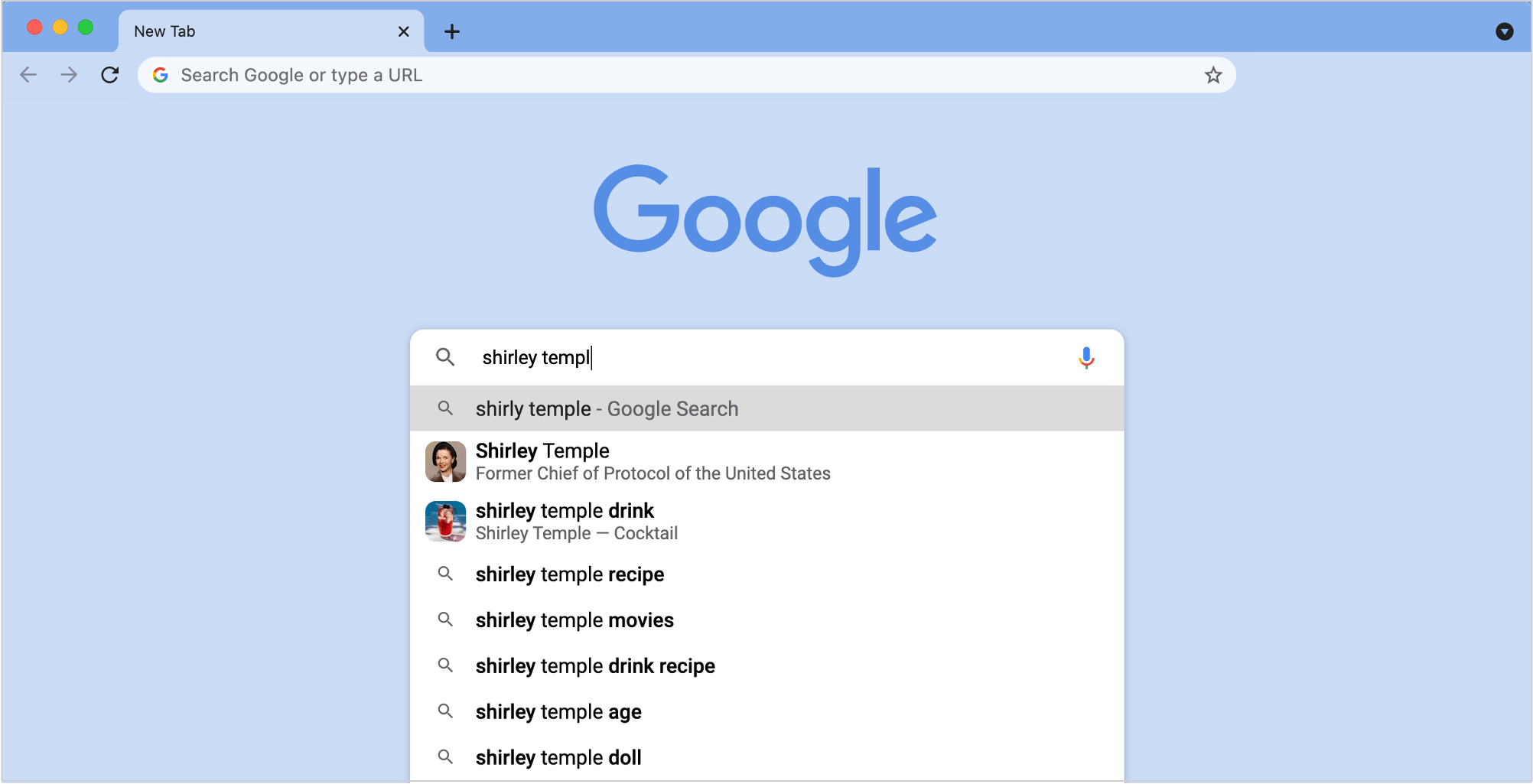 screenshot of google autocomplete when searching for shirley temple
