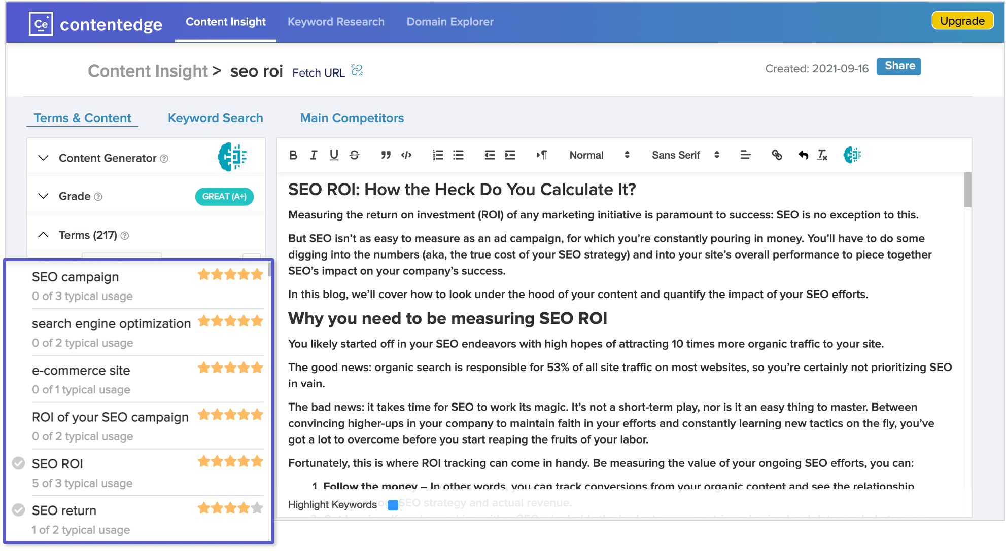 screenshot of ContentEdge's content grading tool