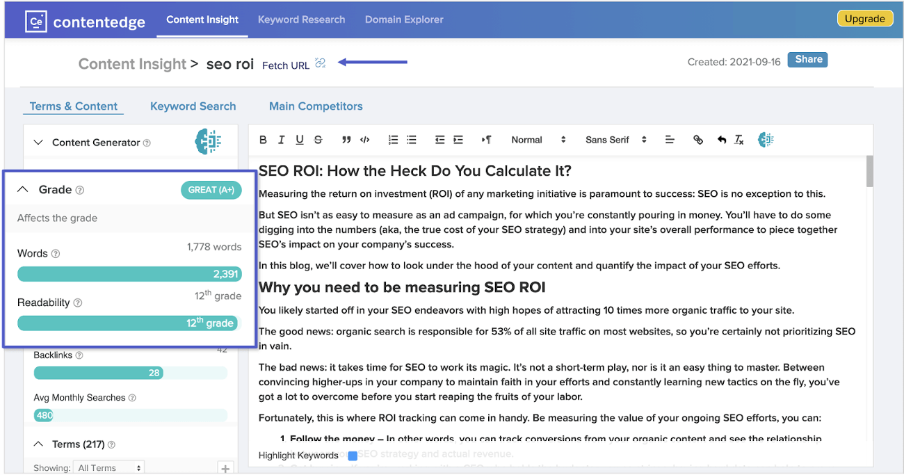 screenshot of contentedge optimal length suggestions