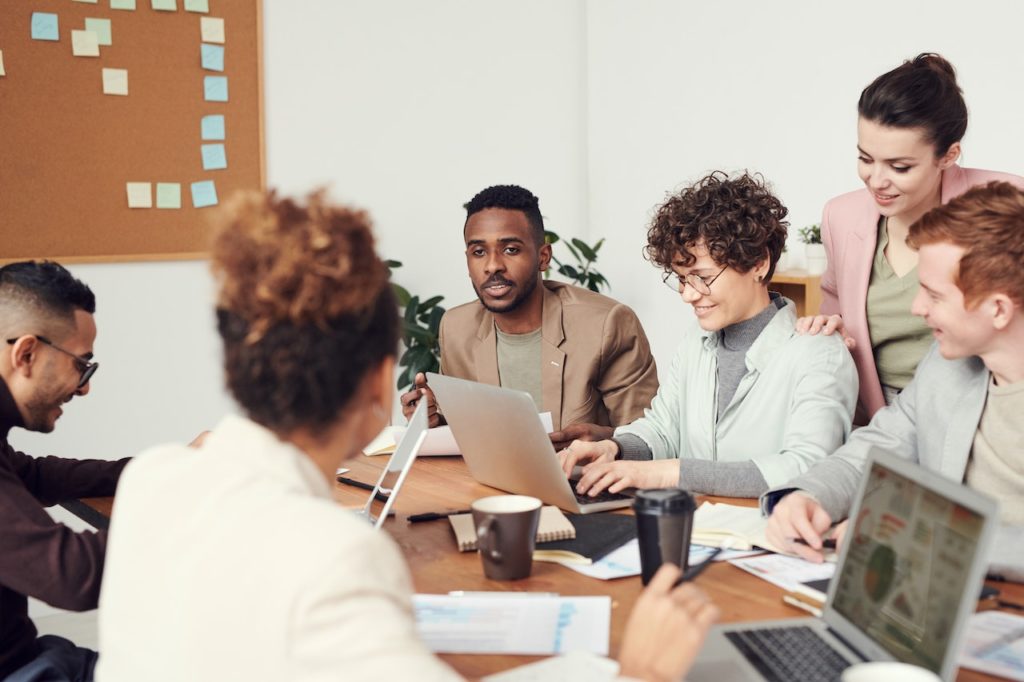 group of people in office using laptops